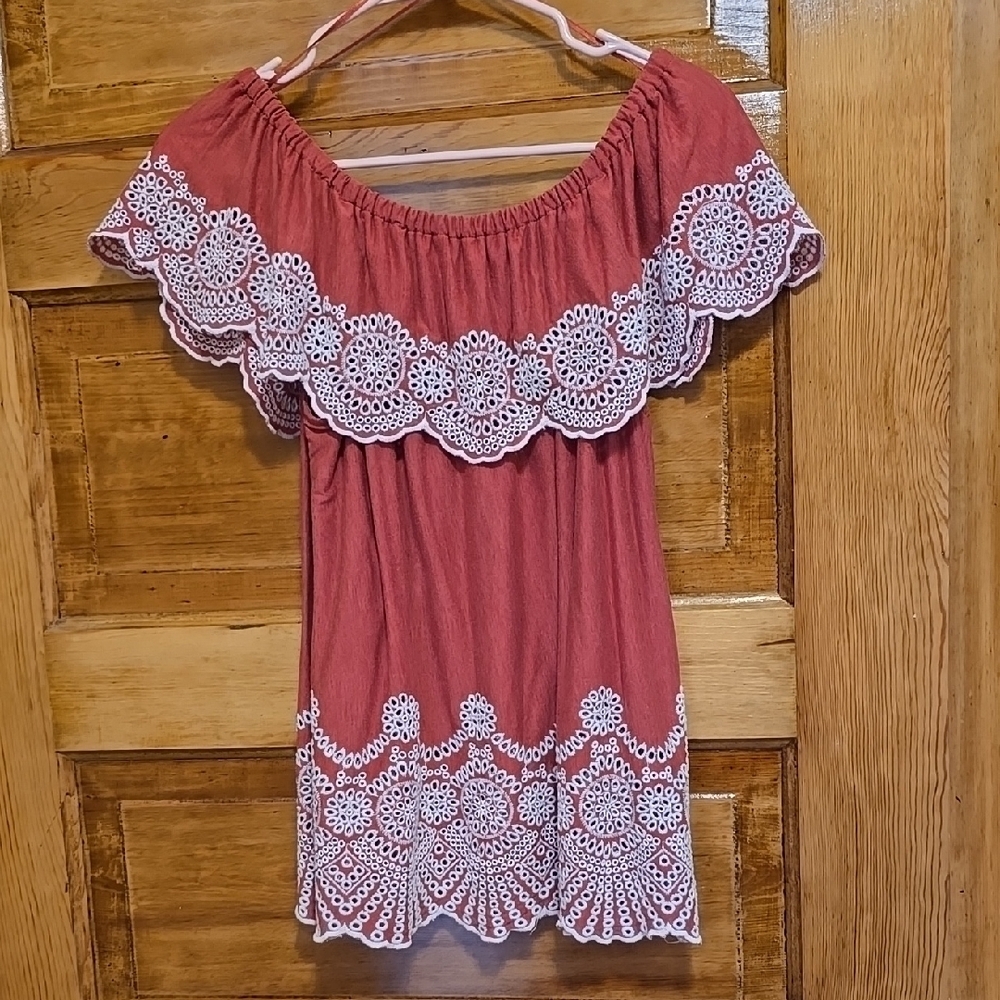 Fever Red Ruffled Boho Peasant On Or Off Shoulder Top L - Picture 3 of 4